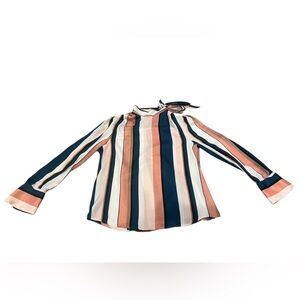 Worthington Striped Tie-Neck Blouse - Navy, Blush & Cream
